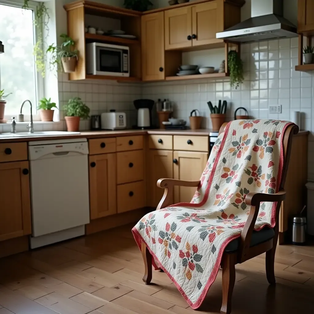 a photo of a cozy kitchen with a patchwork quilt on a chair