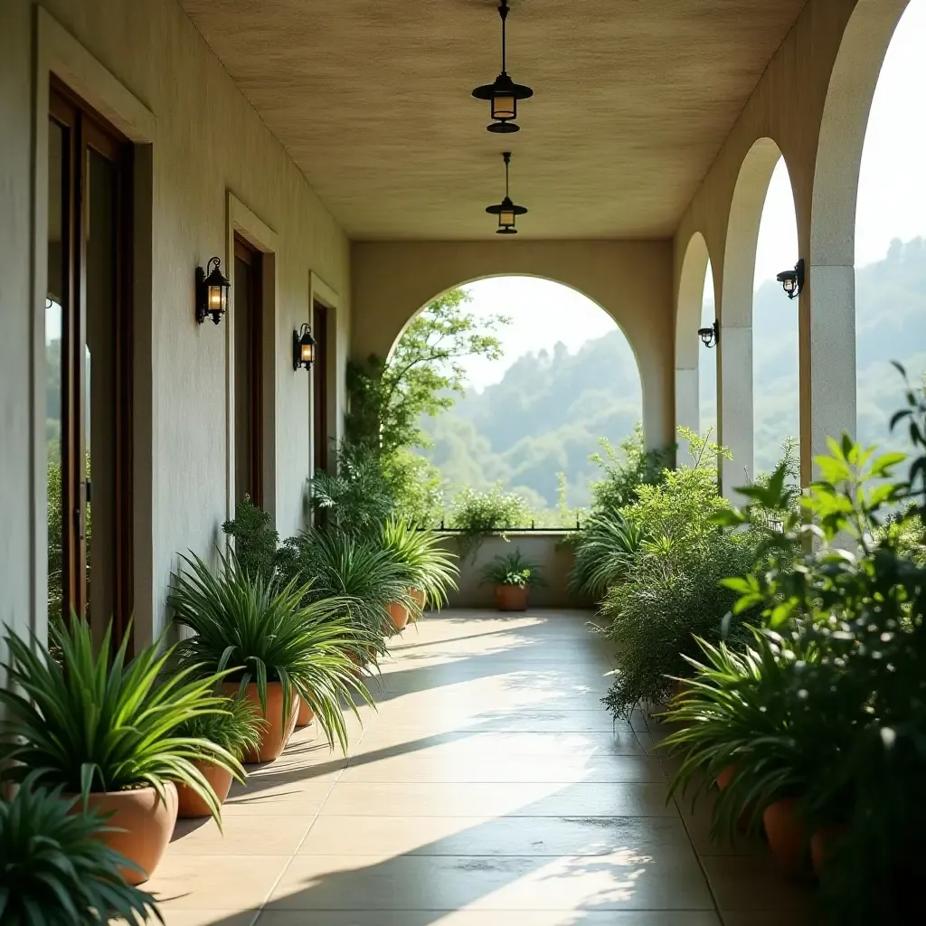 a photo of a corridor with a collection of air plants