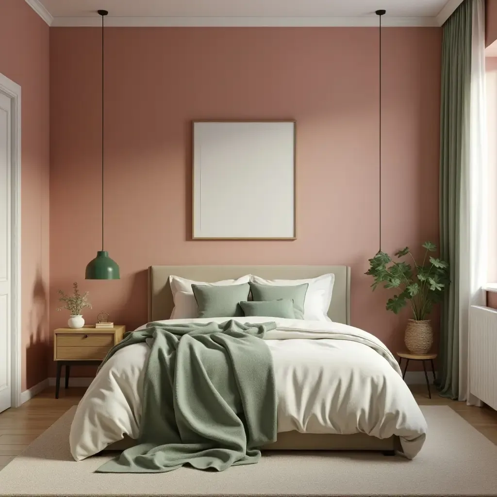 a photo of a serene bedroom featuring dusty pink walls and green accents