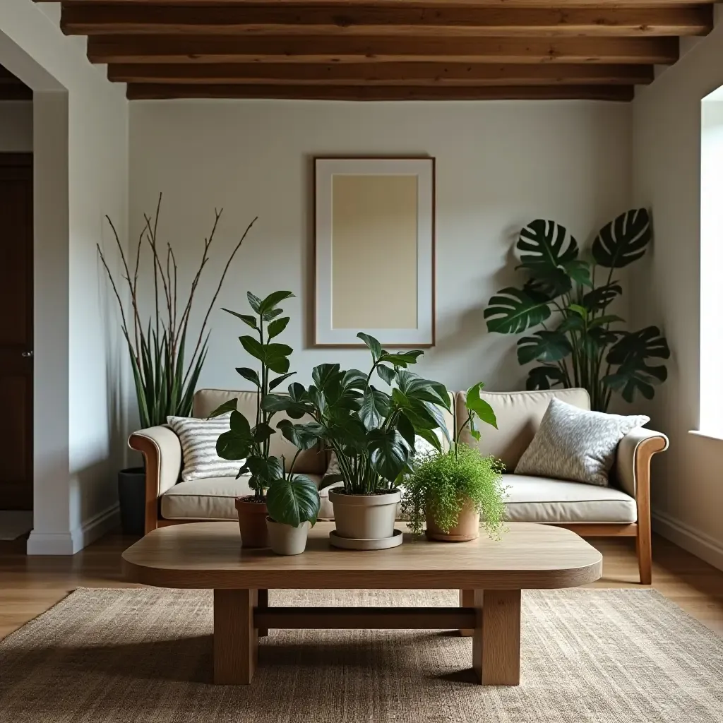 a photo of a basement with a plant-filled coffee table arrangement