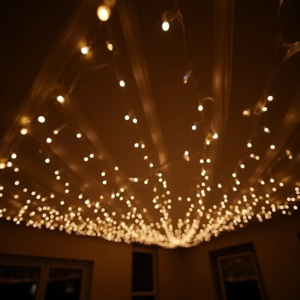 a photo of a ceiling adorned with twinkling fairy lights and drapes