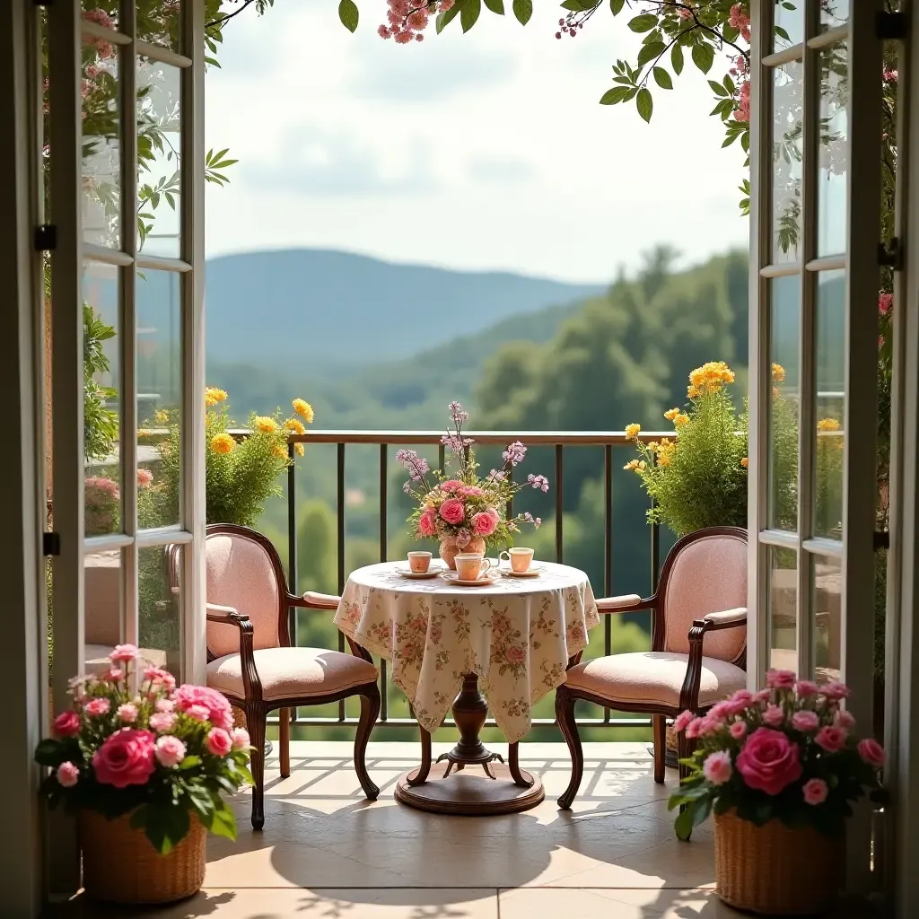 a photo of a balcony featuring a whimsical tea set and floral arrangements