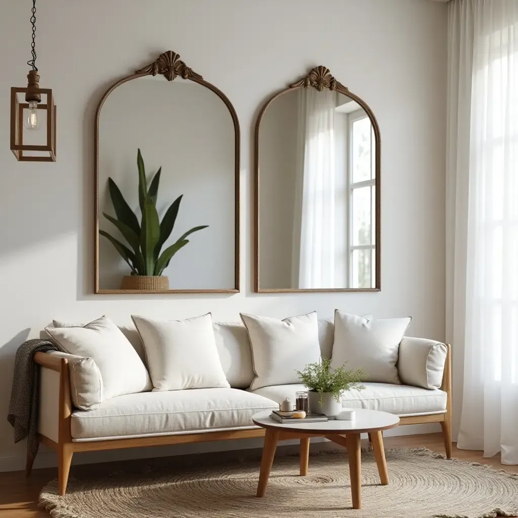 a photo of a balcony wall decorated with vintage mirrors