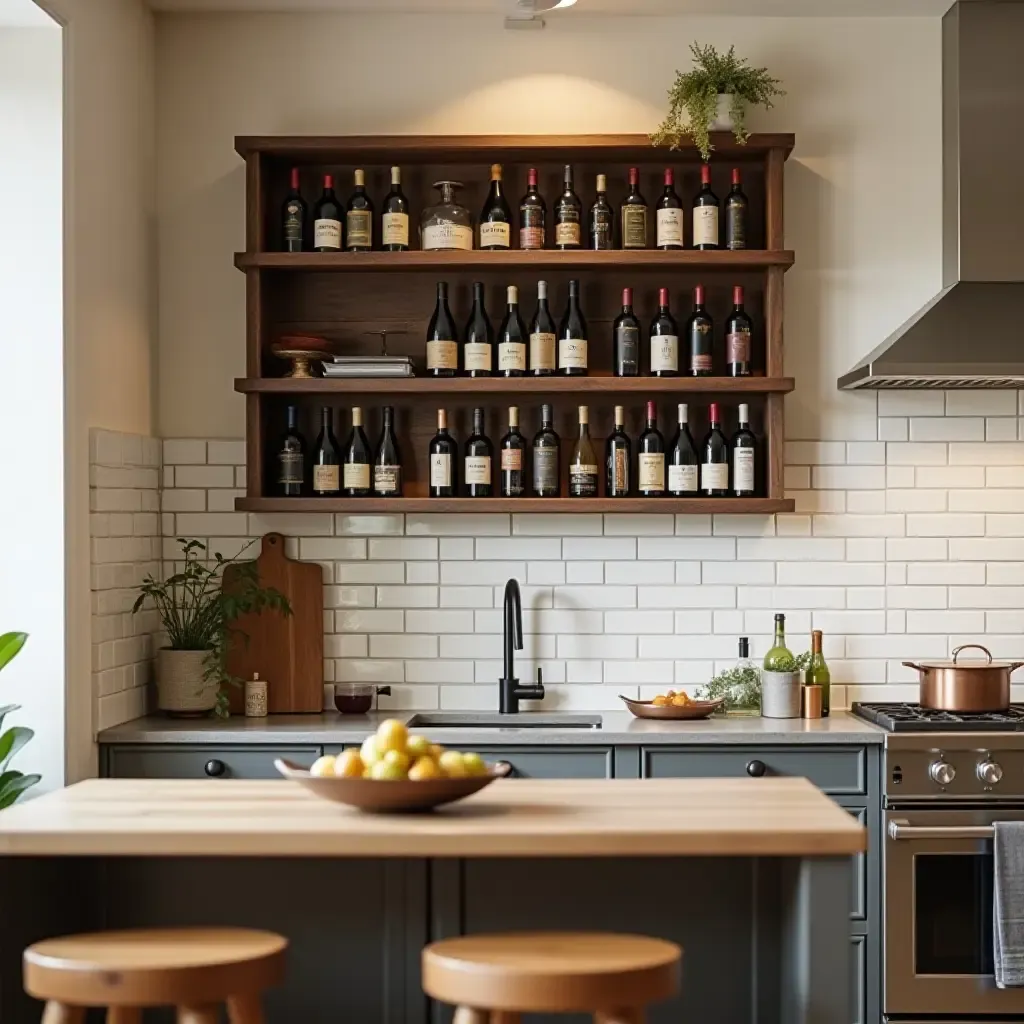 a photo of a wall-mounted wine rack art in a wine-themed kitchen