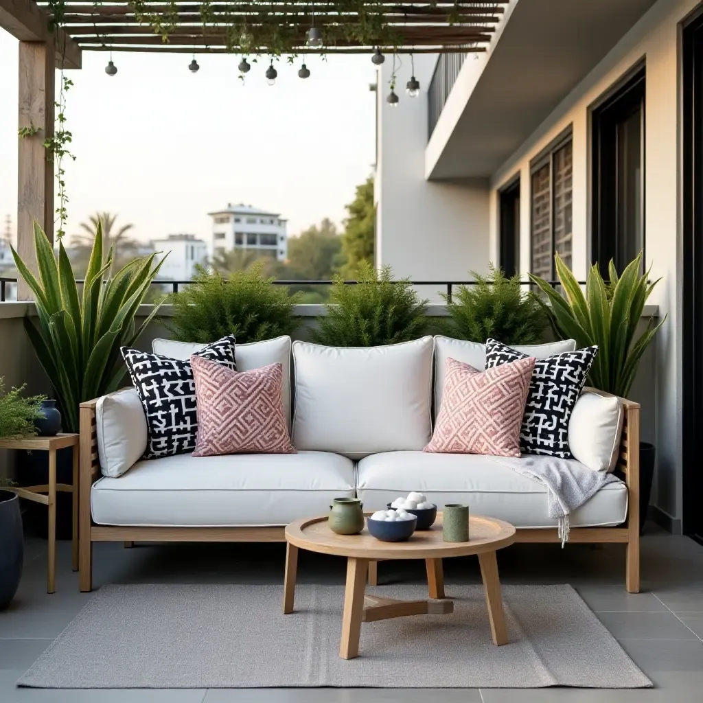 a photo of a balcony featuring a stylish outdoor sofa with patterned pillows