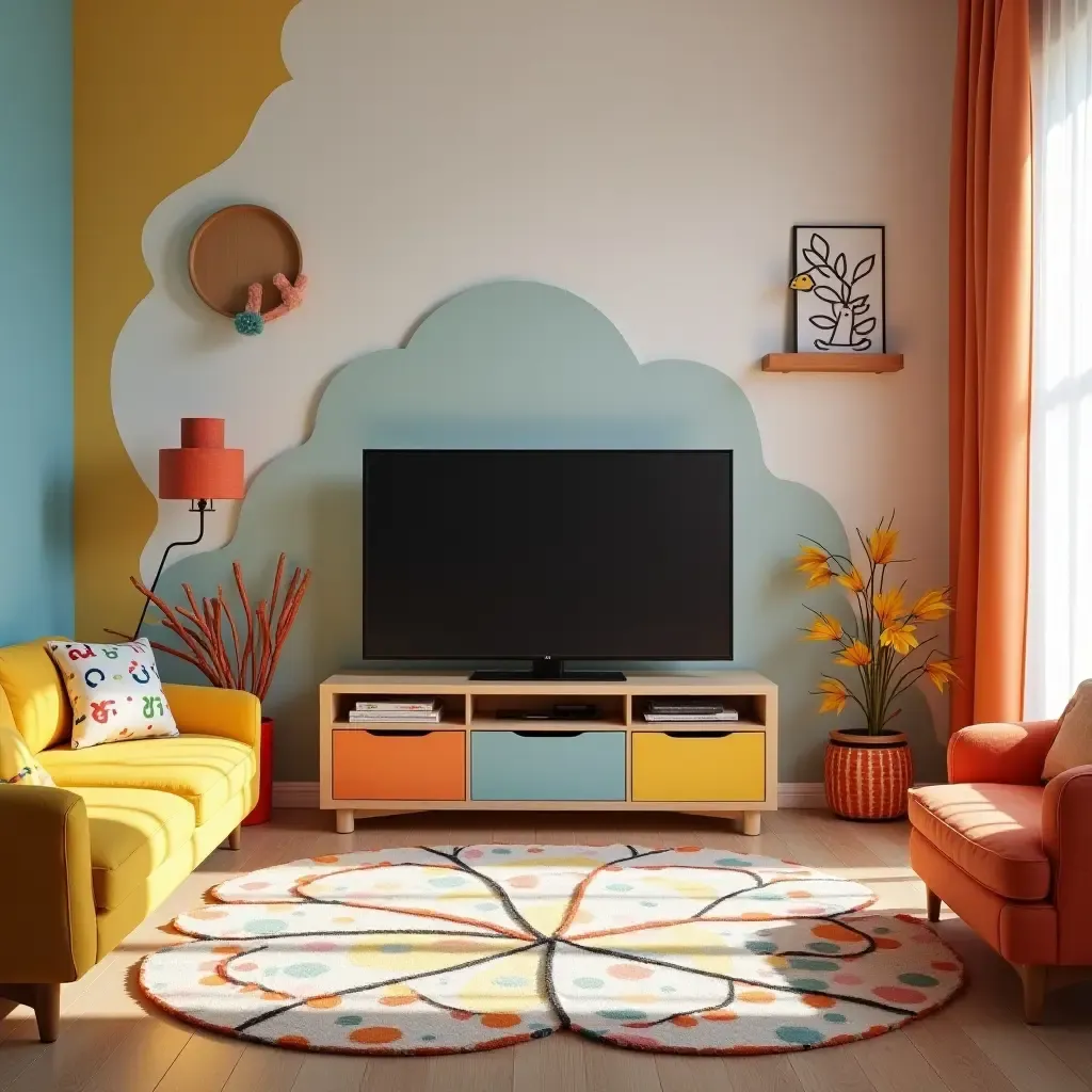 a photo of a colorful kids’ TV room with playful furniture and bright patterns