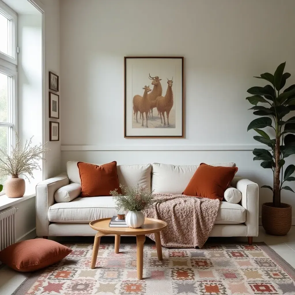 a photo of a living room featuring a patchwork quilt and nature-inspired decor