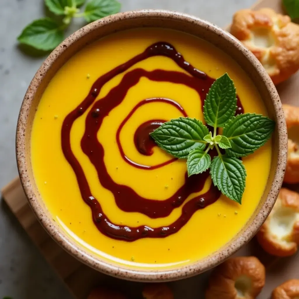 a photo of curry with chocolate swirls, garnished with fresh mint leaves.