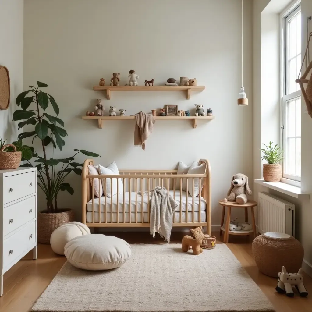 a photo of a nursery filled with antique toys and modern furniture