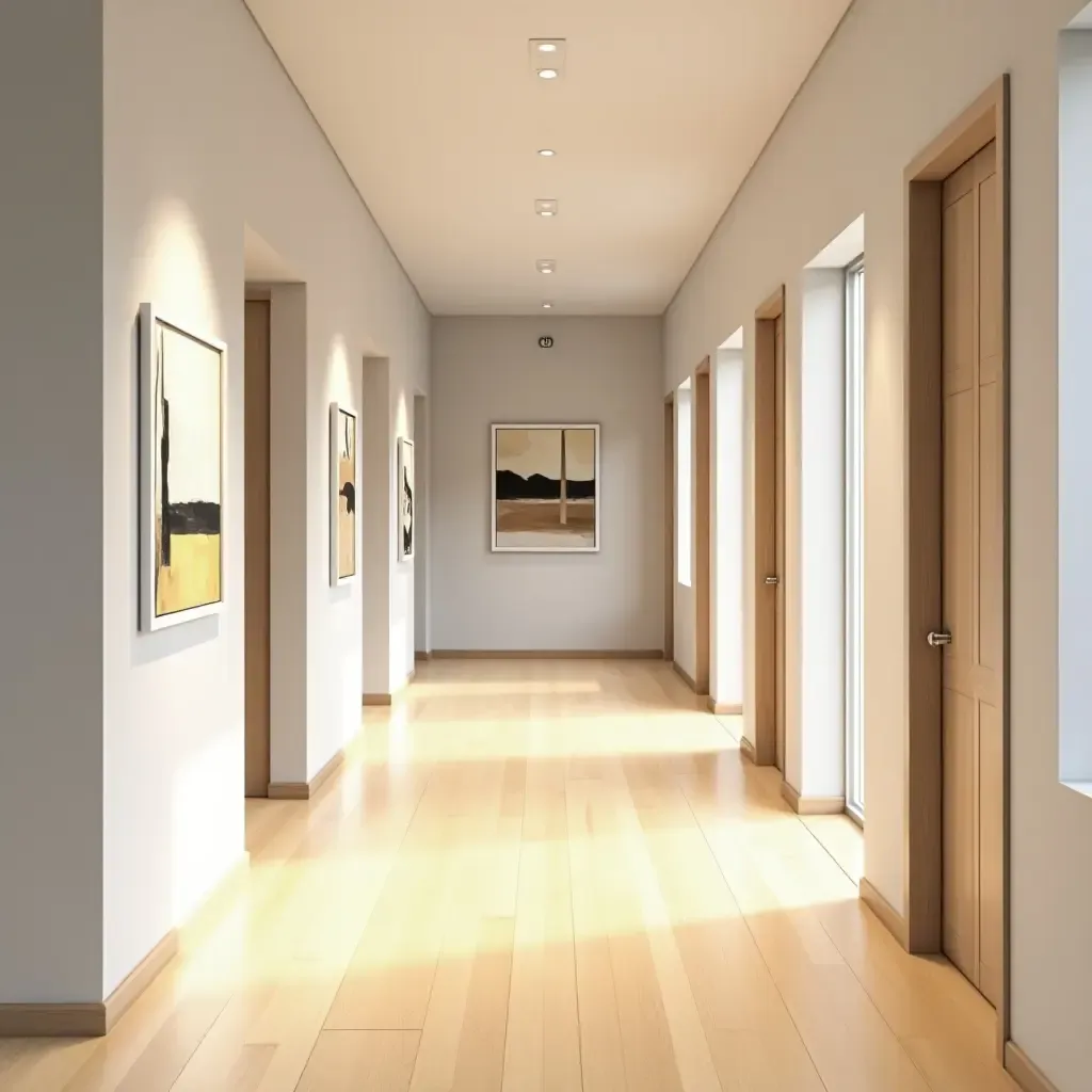 a photo of a spacious corridor adorned with abstract art and light wood flooring