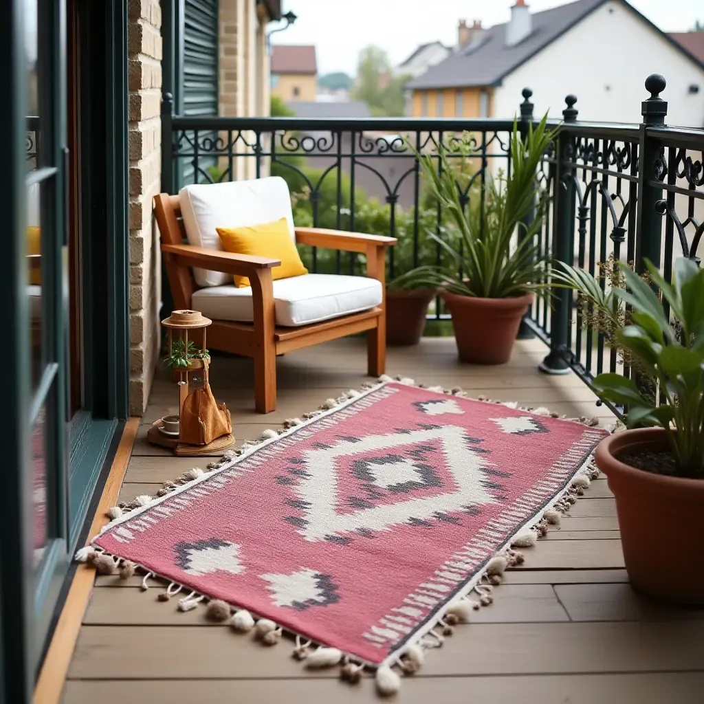 a photo of a bohemian-style rug with tassels on a small balcony