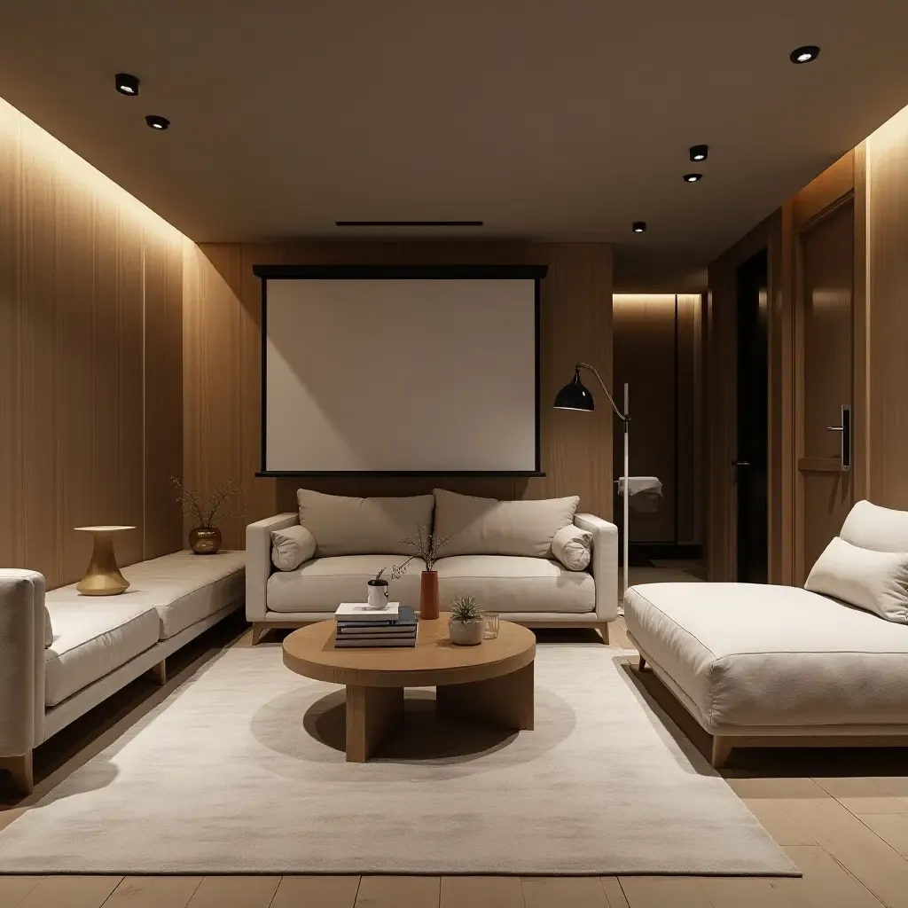 a photo of a stylish basement lounge with minimalist furniture