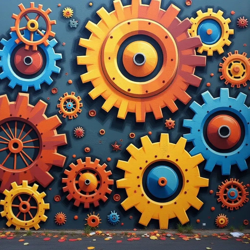 a photo of a playful mural featuring gears and machinery