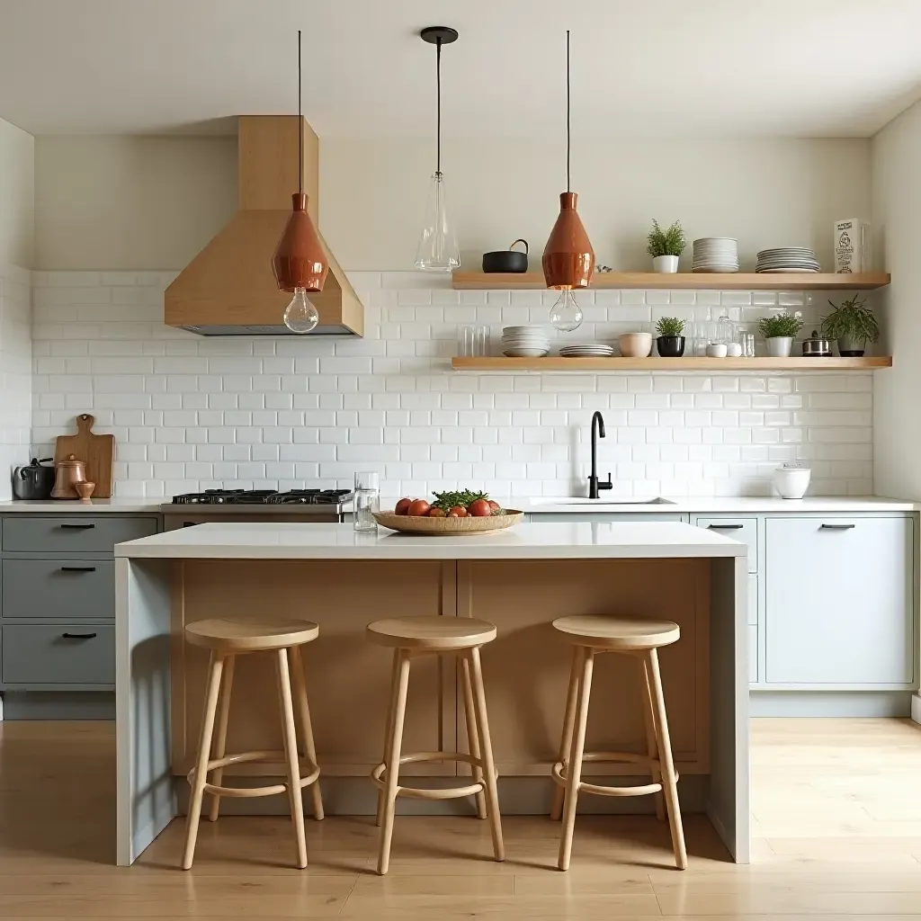 a photo of a vintage-inspired kitchen island with retro chairs and functional shelves