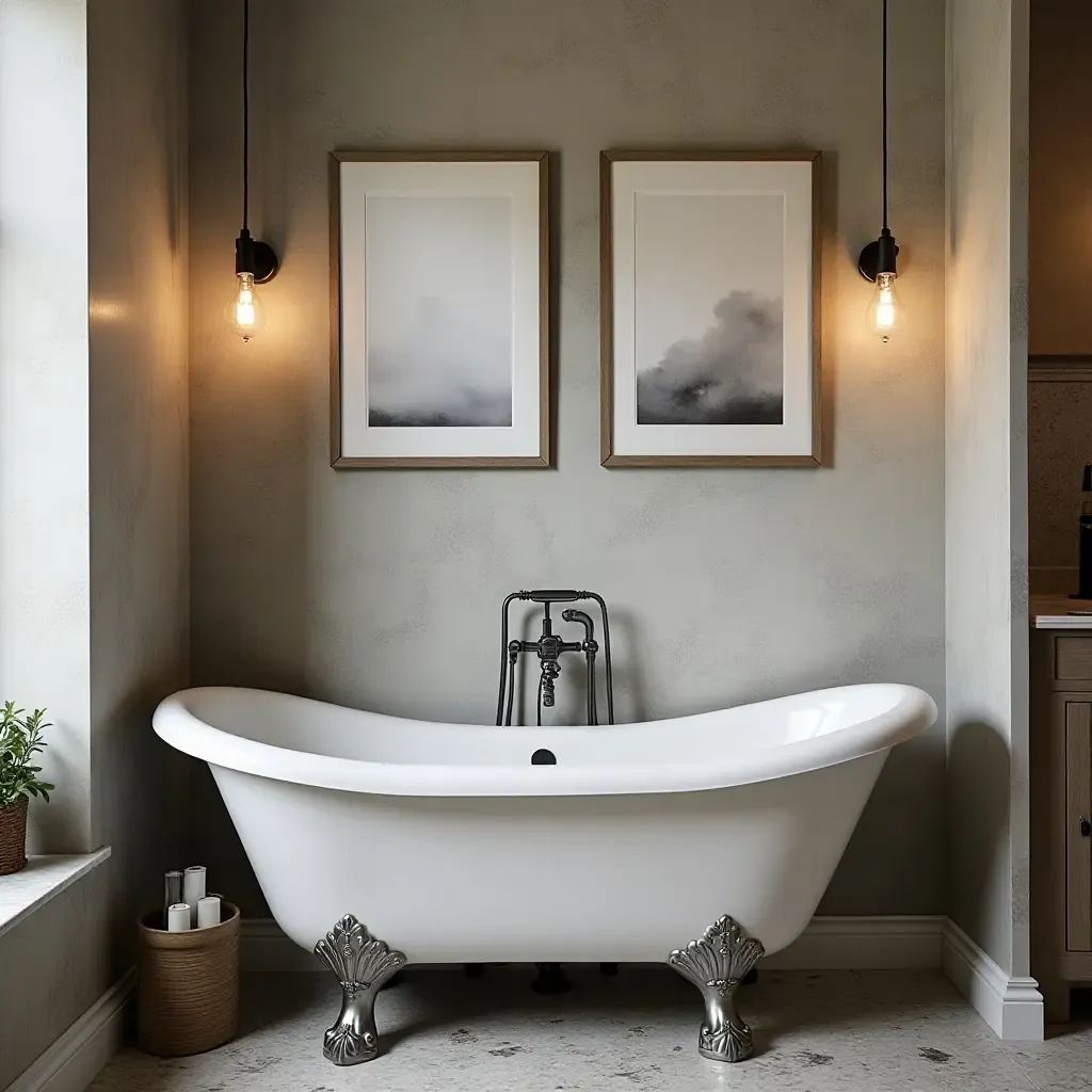 a photo of a clawfoot bathtub surrounded by industrial decor