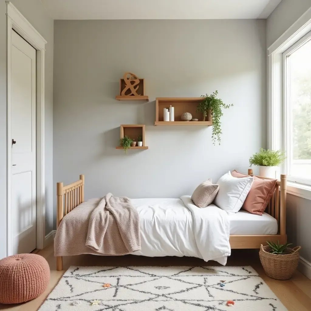 a photo of a cozy kids&#x27; bedroom with a farmhouse-style rug and wall shelves