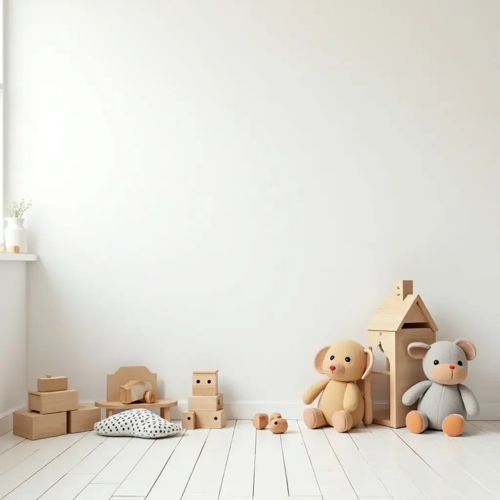 a photo of a bright Scandinavian kids&#x27; room with a white color palette and wooden toys