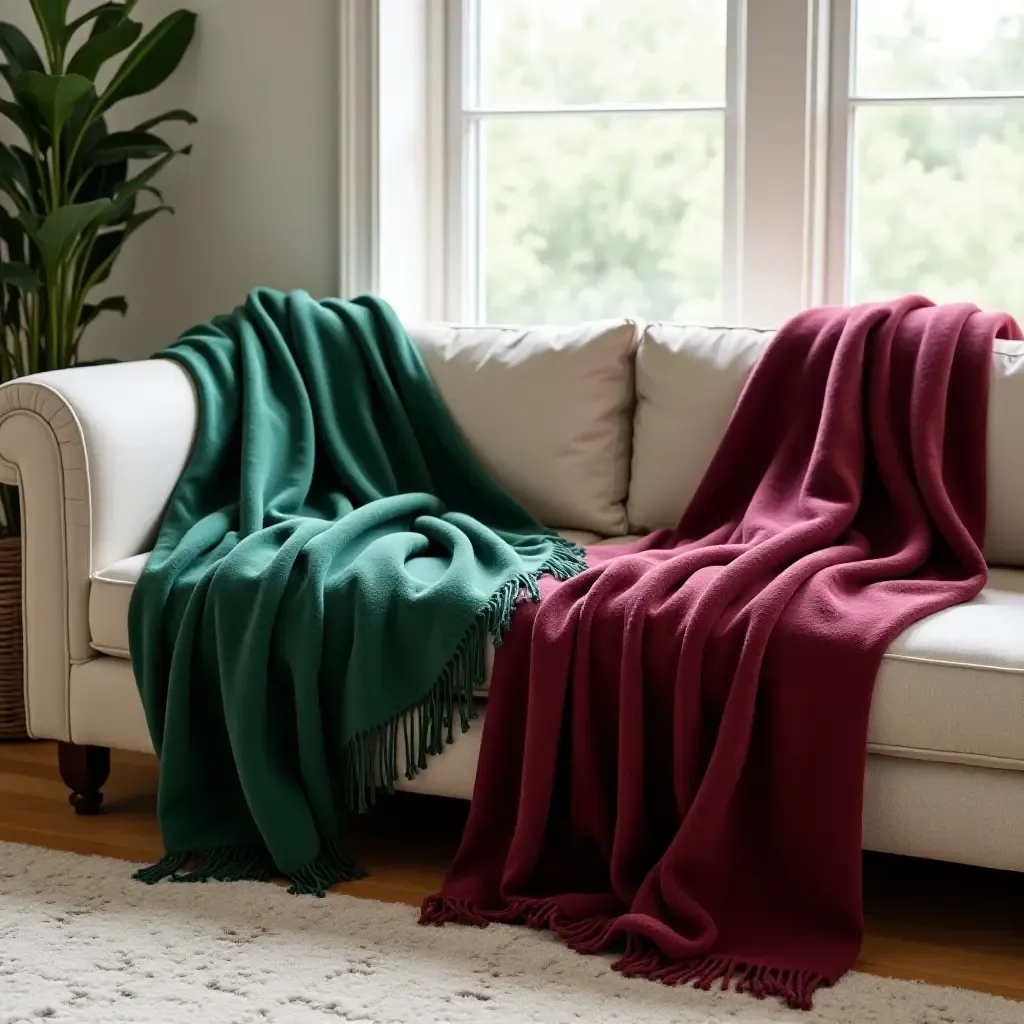 a photo of a living room with green and burgundy throw blankets on a couch