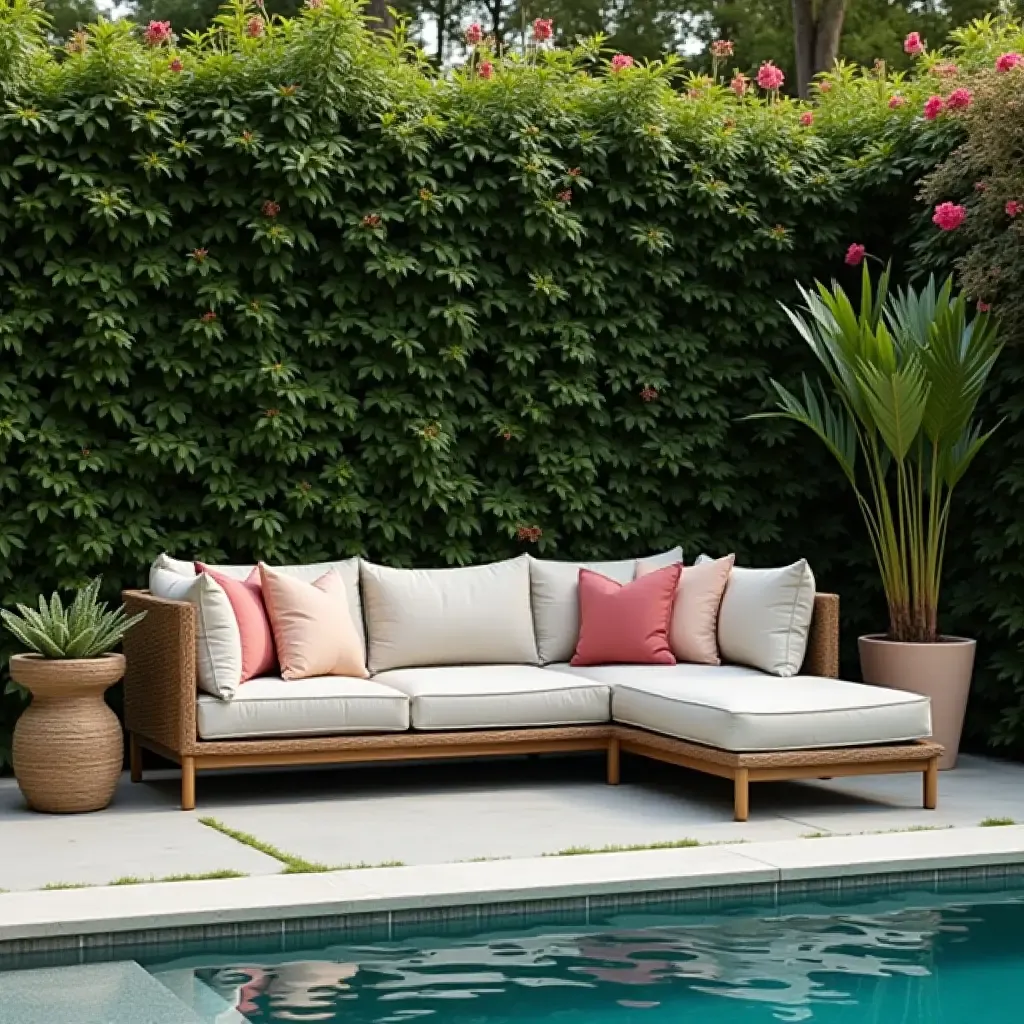 a photo of a cozy outdoor sofa surrounded by greenery by the pool