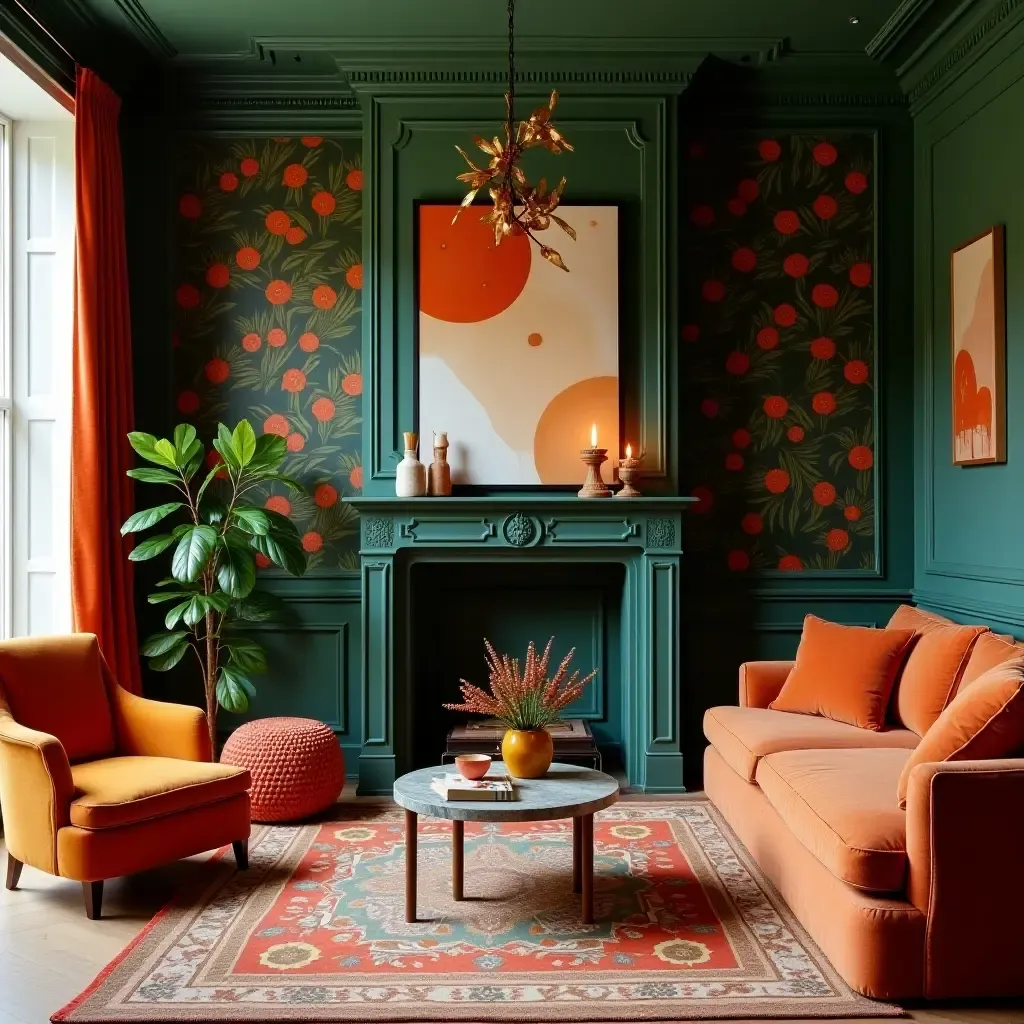 a photo of a vibrant living room with dark green and burnt orange patterned wallpaper