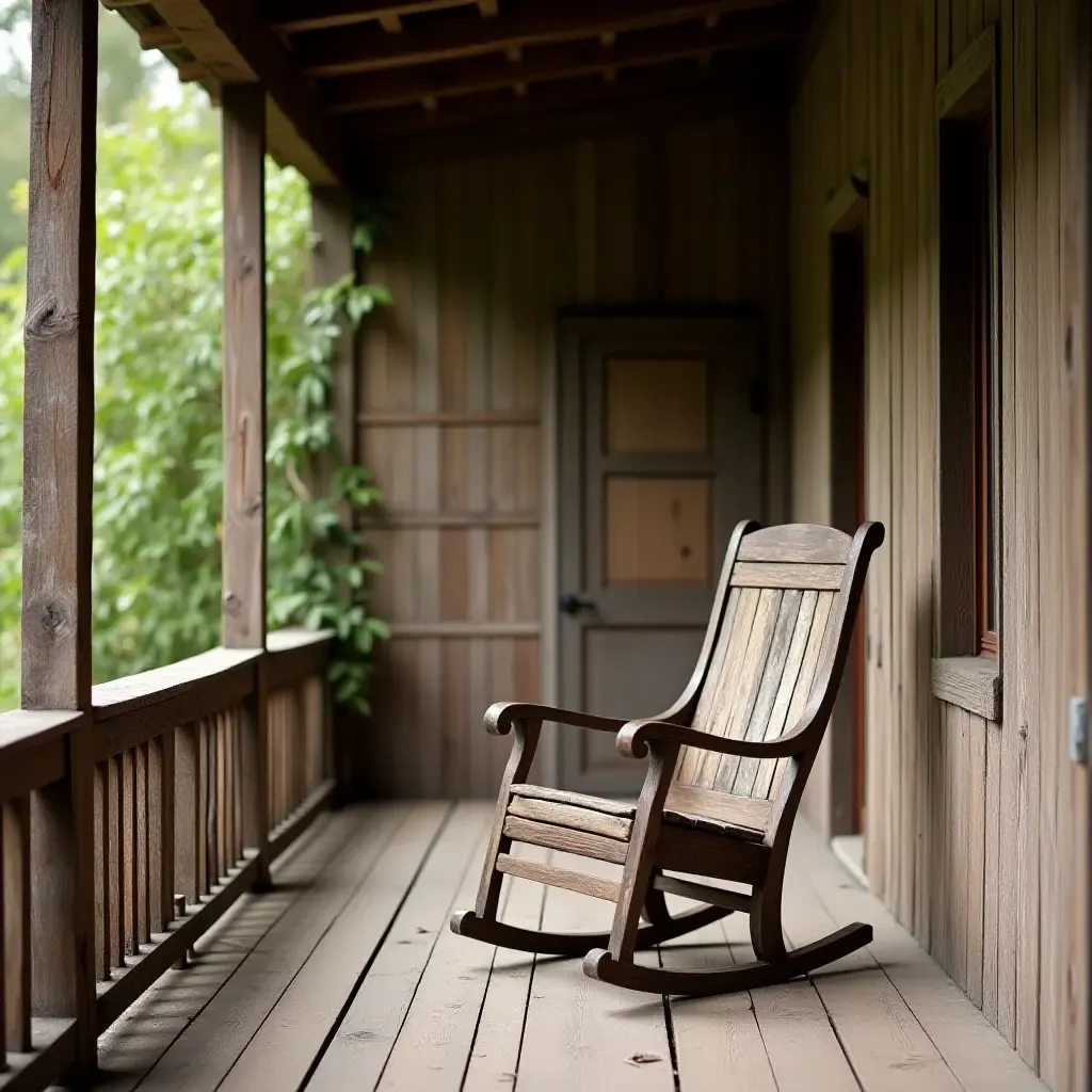 a photo of a rustic wooden balcony with an antique rocking chair