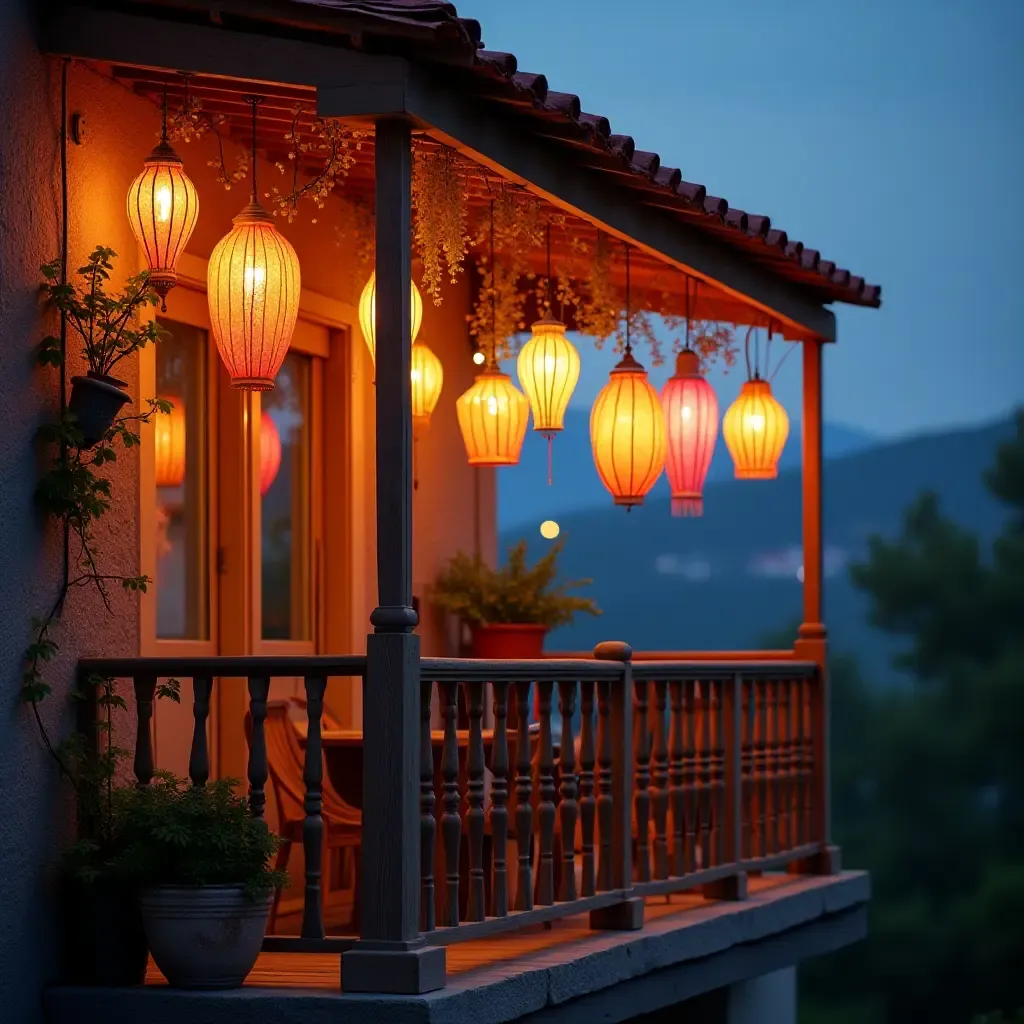 a photo of a vibrant balcony decorated with colorful pendant lights