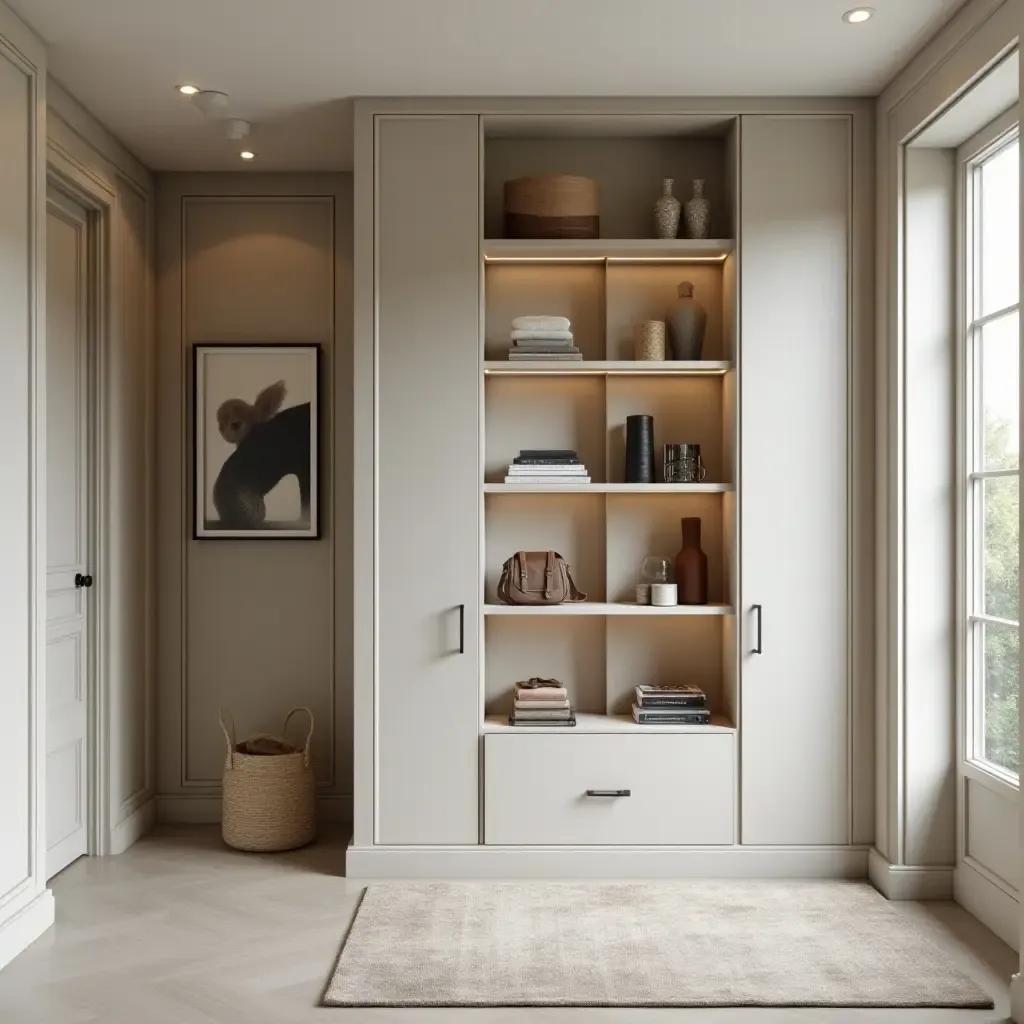 a photo of an entrance hall with stylish metallic shelving units