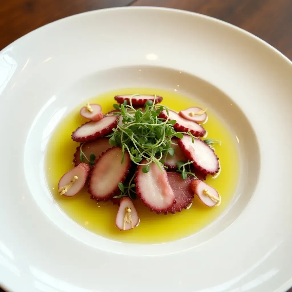 a photo of a sophisticated Greek octopus carpaccio with olive oil and microgreens.