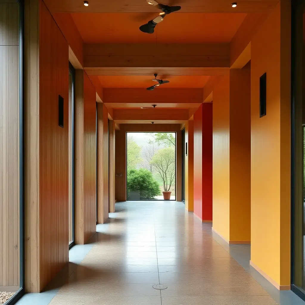 a photo of a welcoming corridor with colorful accents and natural materials