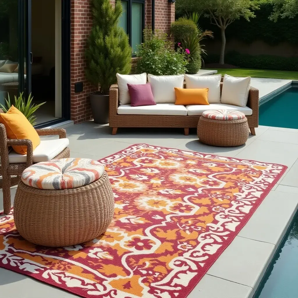 a photo of a vibrant outdoor rug and cushions by the pool area