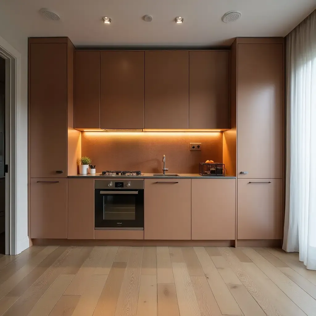 a photo of a compact kitchen with copper highlights