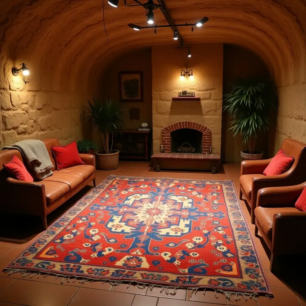 a photo of a colorful, bohemian-style rug in a warm basement atmosphere