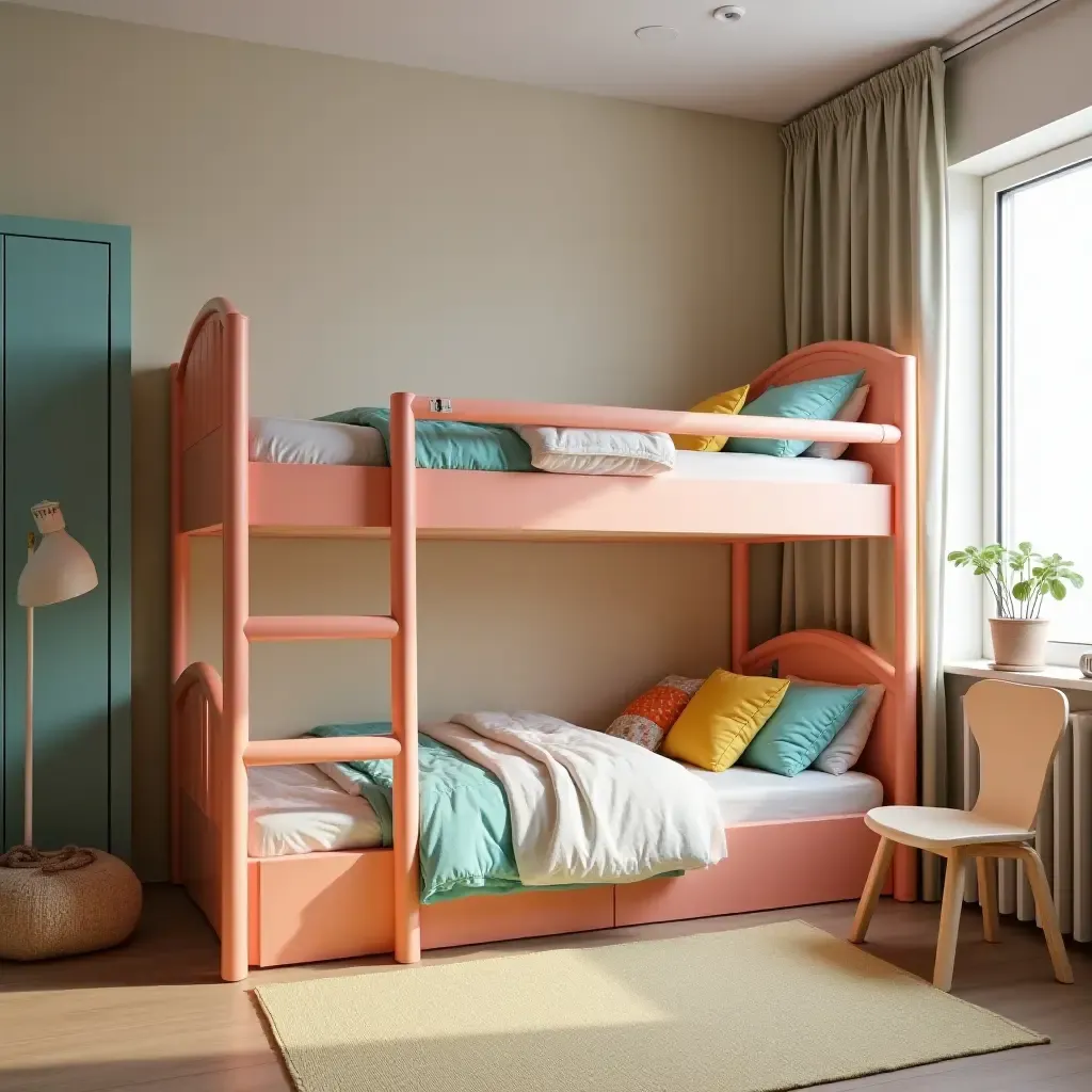 a photo of a colorful bunk bed setup in a trendy children&#x27;s room