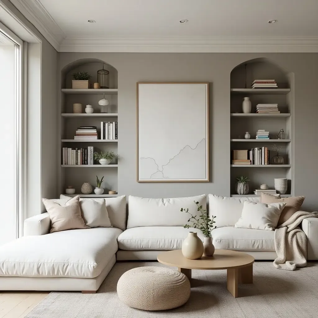 a photo of open shelves in a living room with books, art, and personal mementos