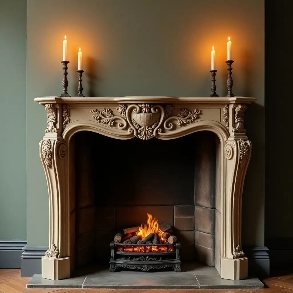 a photo of a vintage fireplace mantel with ornate details and candles