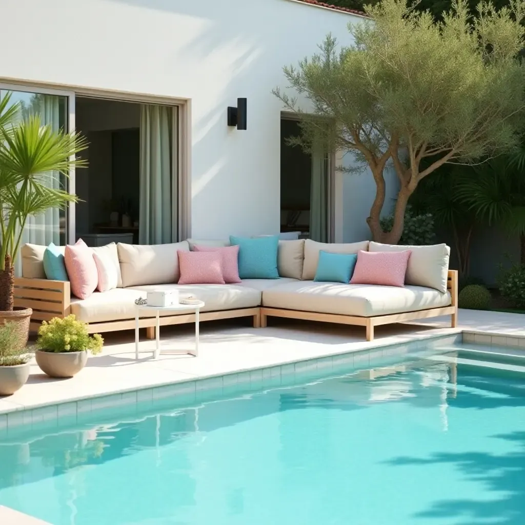 a photo of a bright, airy poolside lounge with pastel cushions and greenery