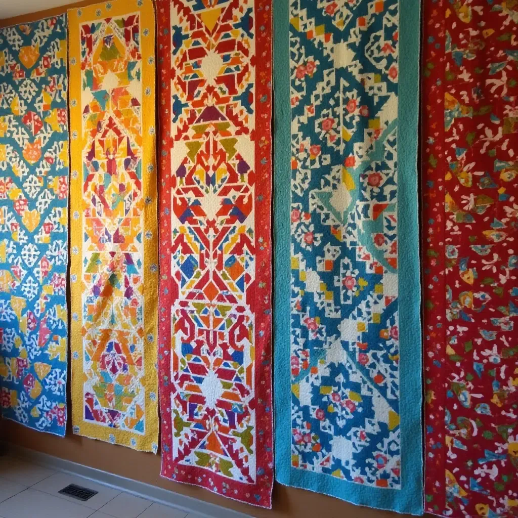 a photo of an assortment of colorful quilts displayed on a wall