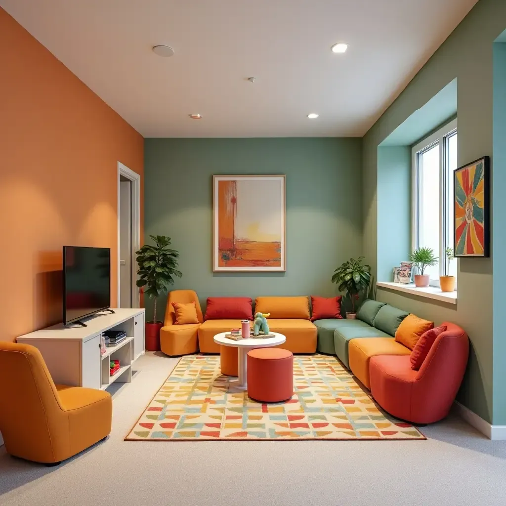 a photo of a basement playroom with modular furniture and vibrant colors