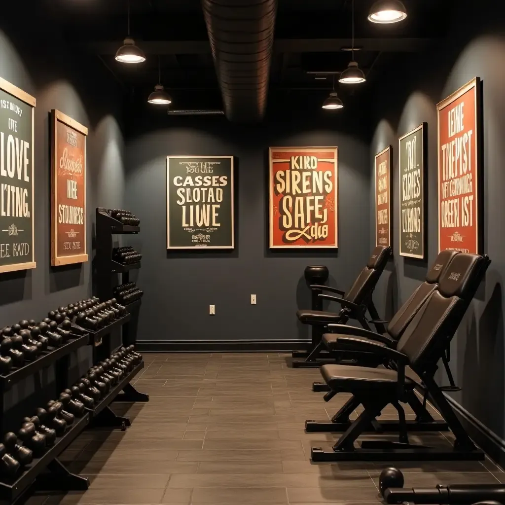 a photo of a basement workout area with motivational posters