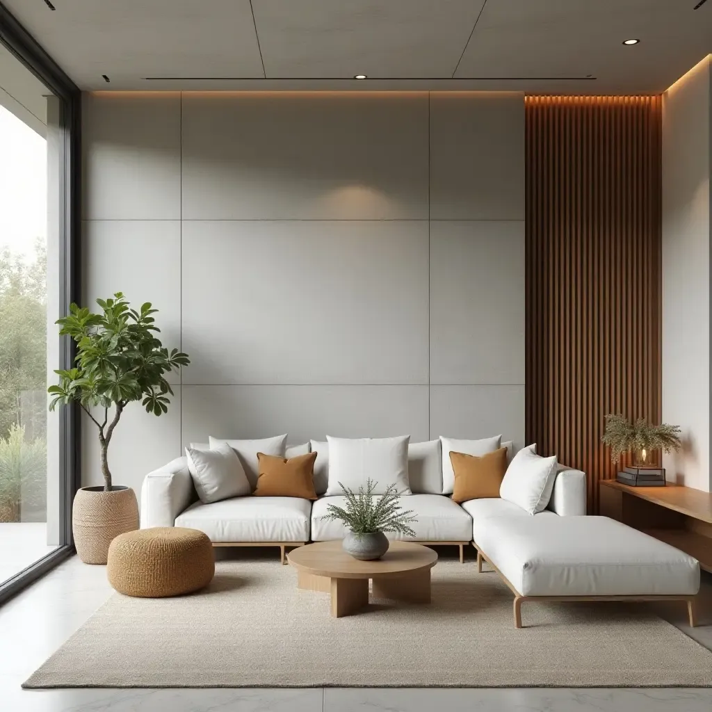 a photo of a minimalist living room with a concrete wall and wooden accents