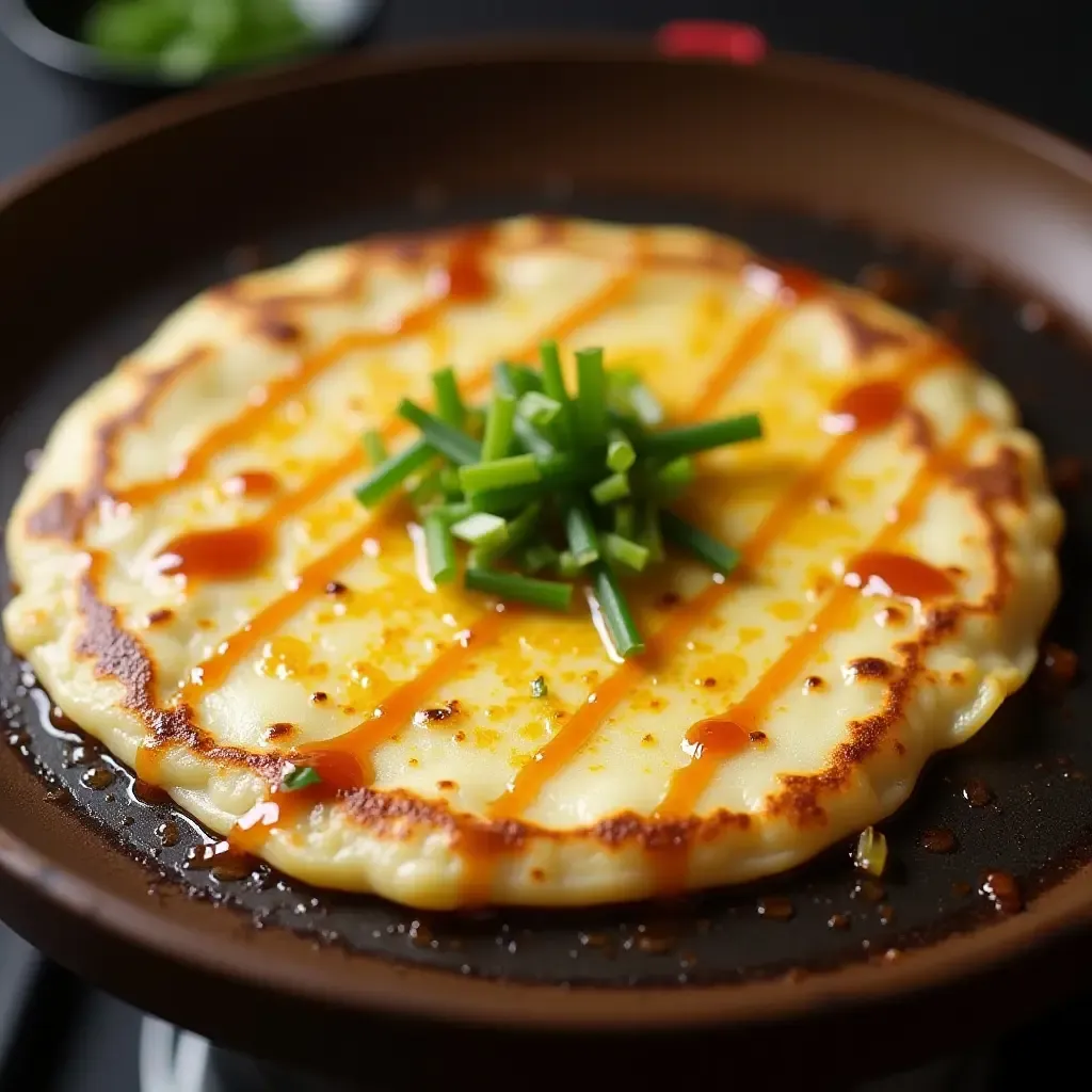 a photo of Jianbing, a Chinese street crepe with egg, scallions, and hoisin sauce, sizzling on a griddle.