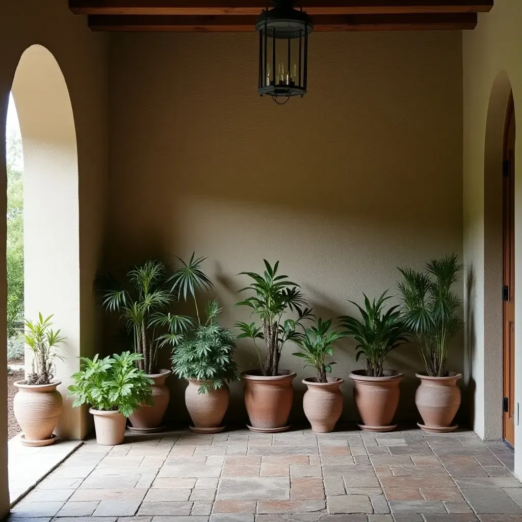 a photo of a vintage style garden wall with antique pots in a rustic entrance hall