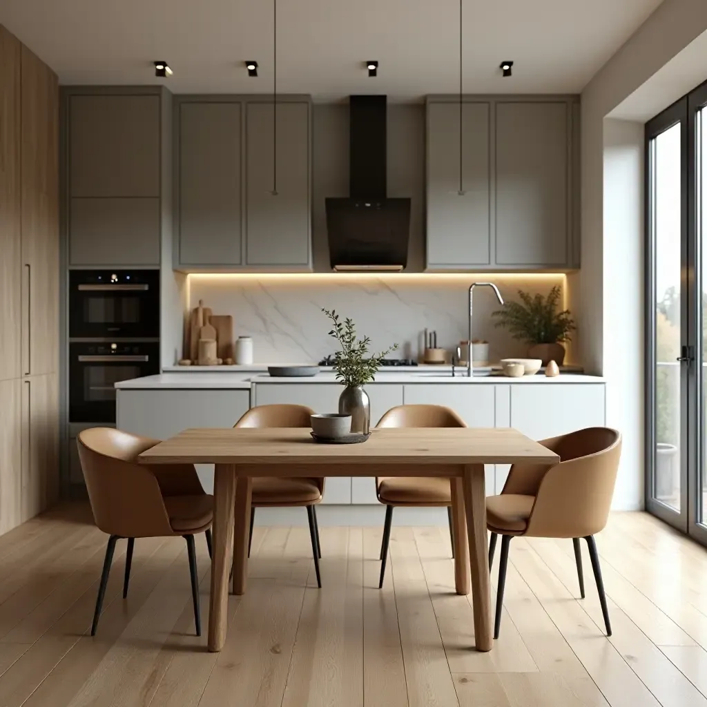 a photo of a wooden dining table set in a modern kitchen