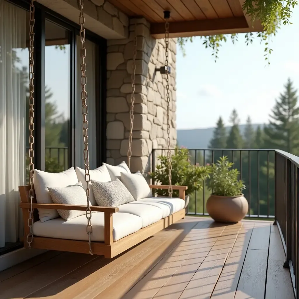 a photo of a balcony with a wooden bench swing and pillows