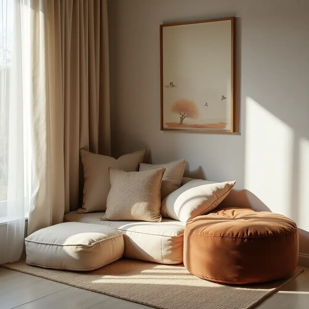 a photo of a cozy corner with floor cushions and a pouf