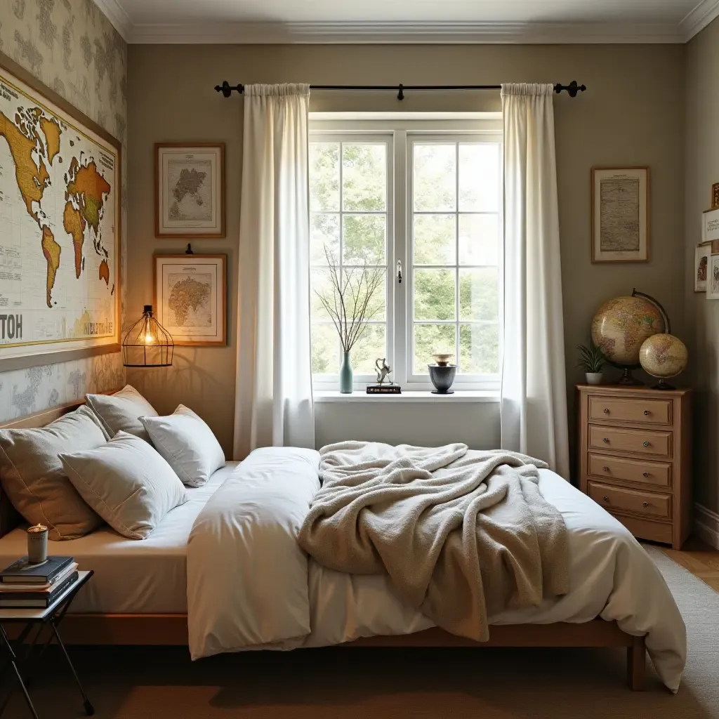 a photo of a travel-themed bedroom with maps and globes