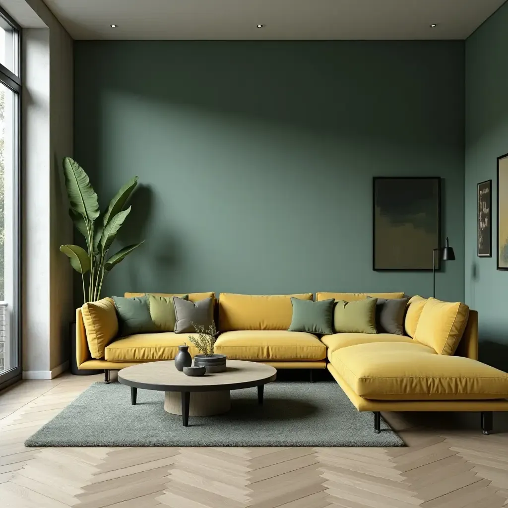 a photo of a modern living room with muted gray and vibrant green