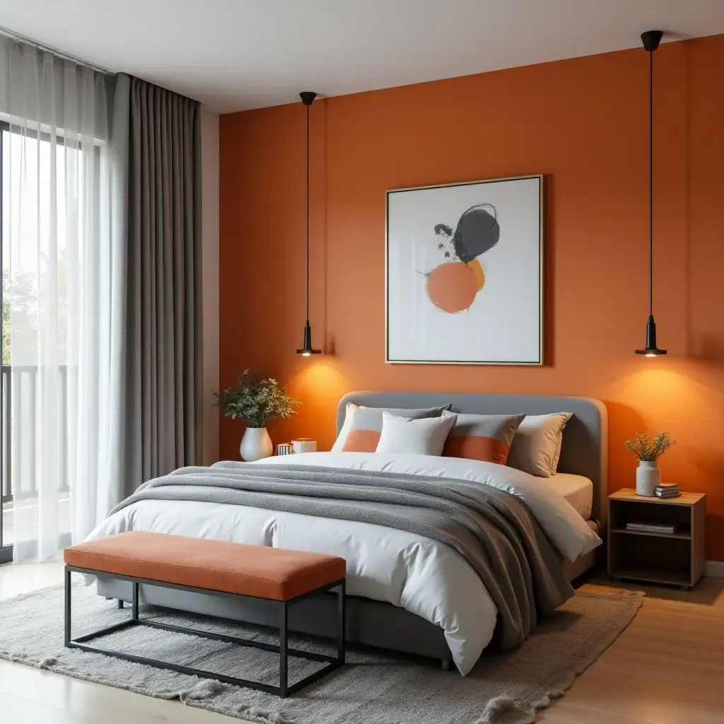 a photo of a trendy orange and gray bedroom with contemporary artwork