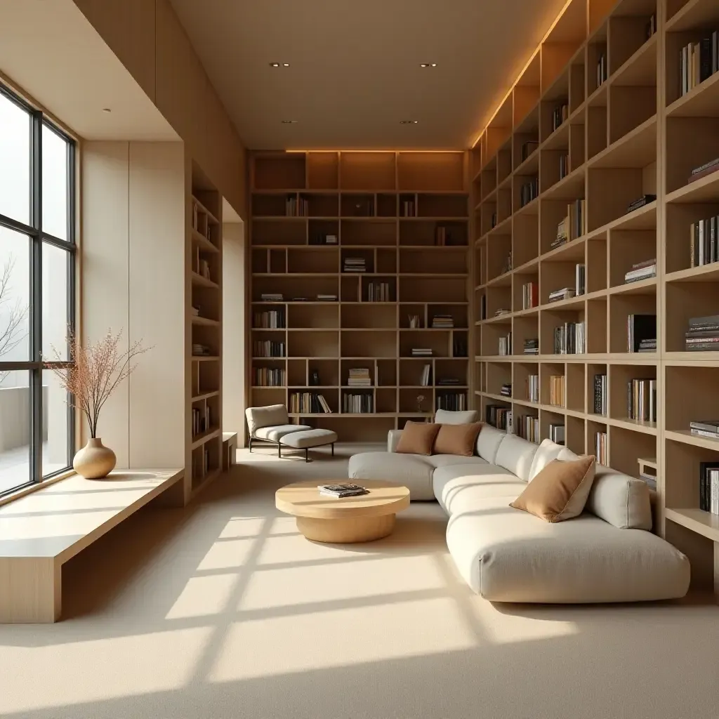 a photo of a minimalist library with a focus on natural textures