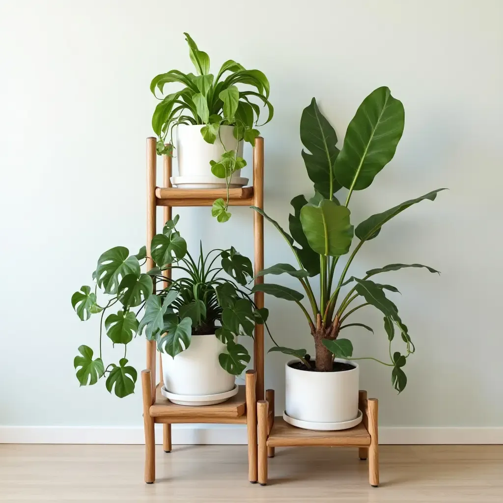 a photo of a decorative plant stand showcasing a mix of houseplants